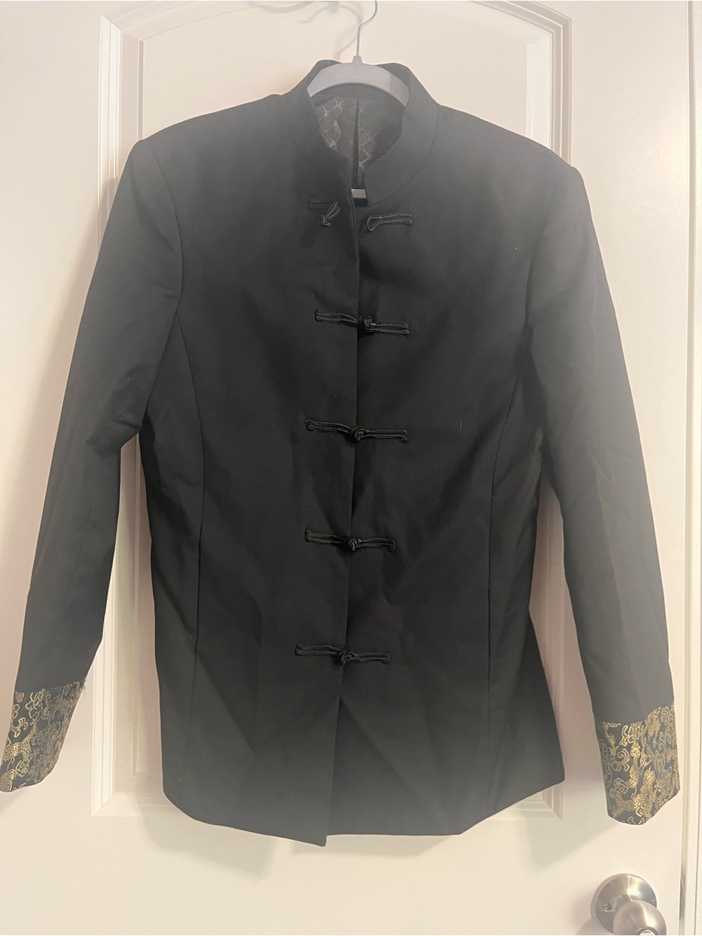 Men's Black Mandarin Collar Jacket with Decorative Gold Cuffs 36